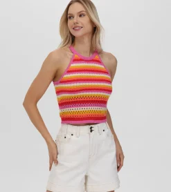 Crochet Striped Halter Neck Tank