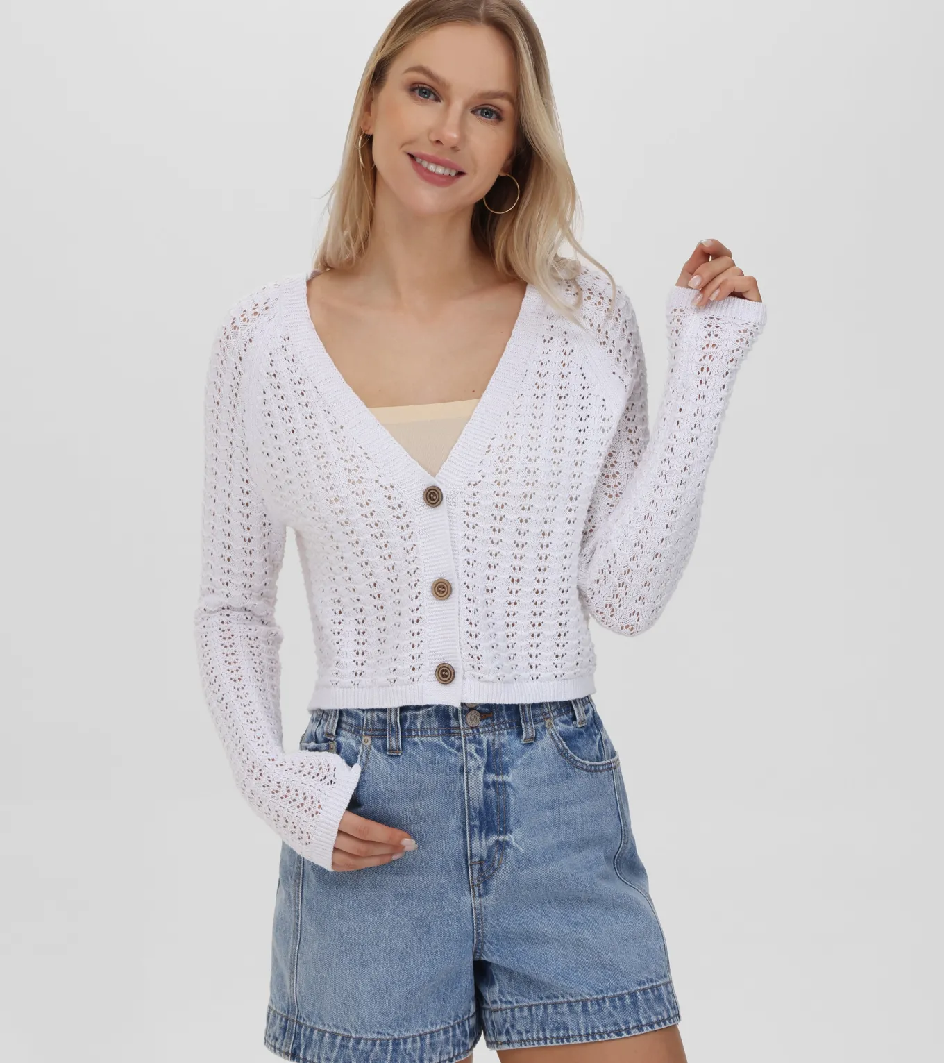 Cropped Crochet V-Neck Cardigan