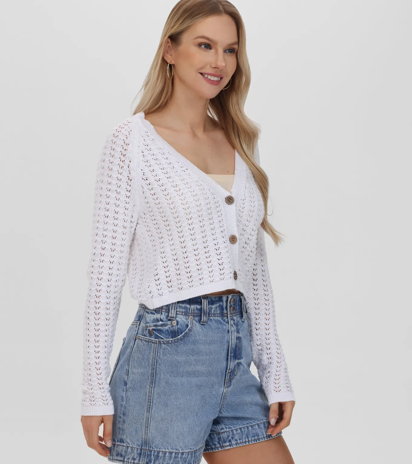 Cropped Crochet V-Neck Cardigan