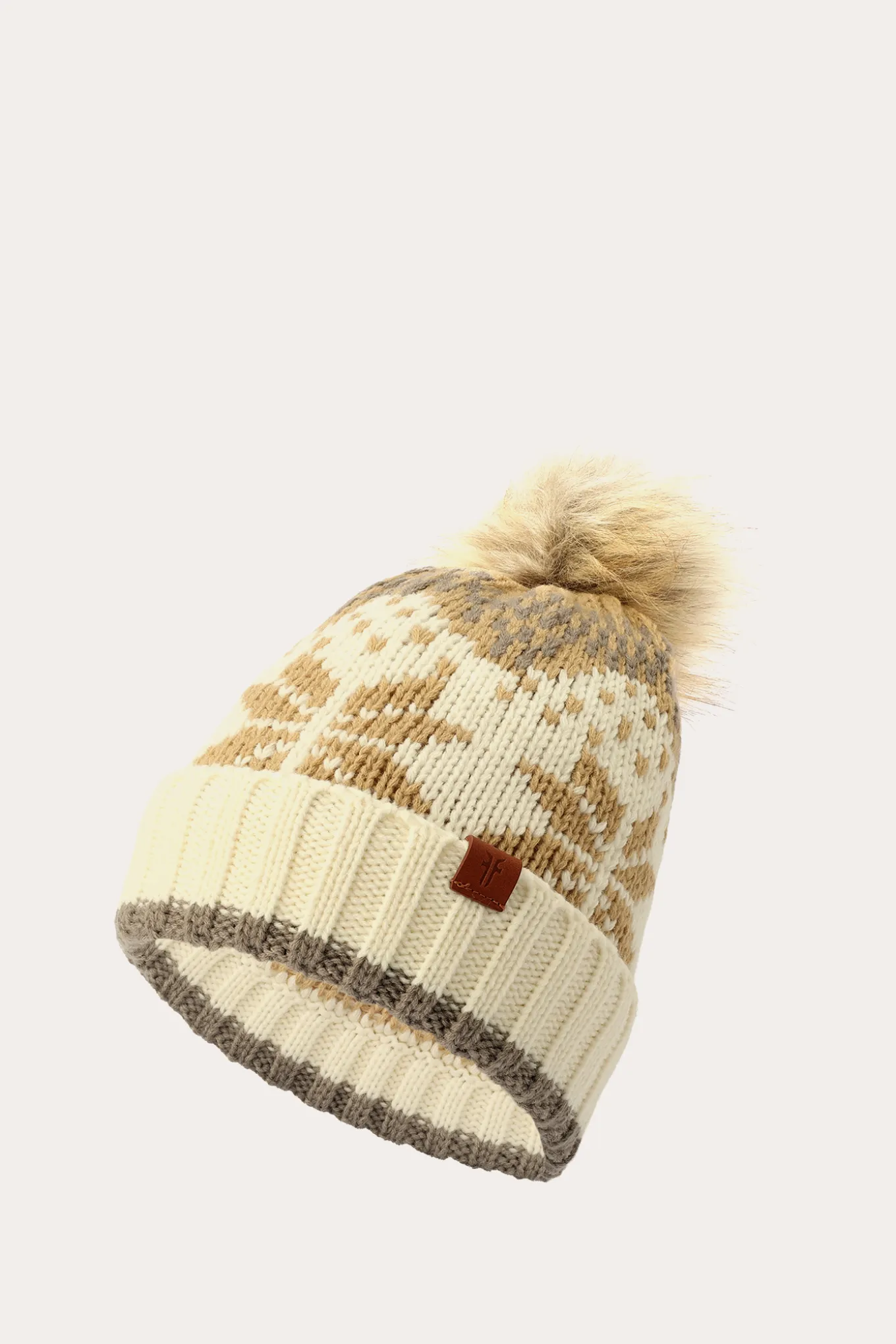 Fair Isle Beanie With Cuff & Faux Fur Pom