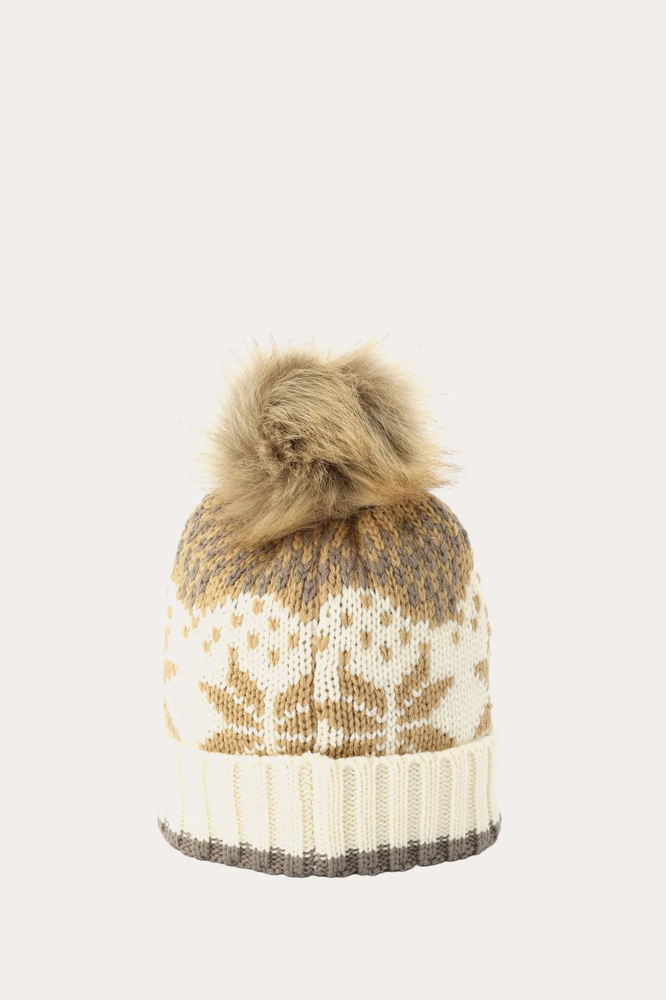 Fair Isle Beanie With Cuff & Faux Fur Pom