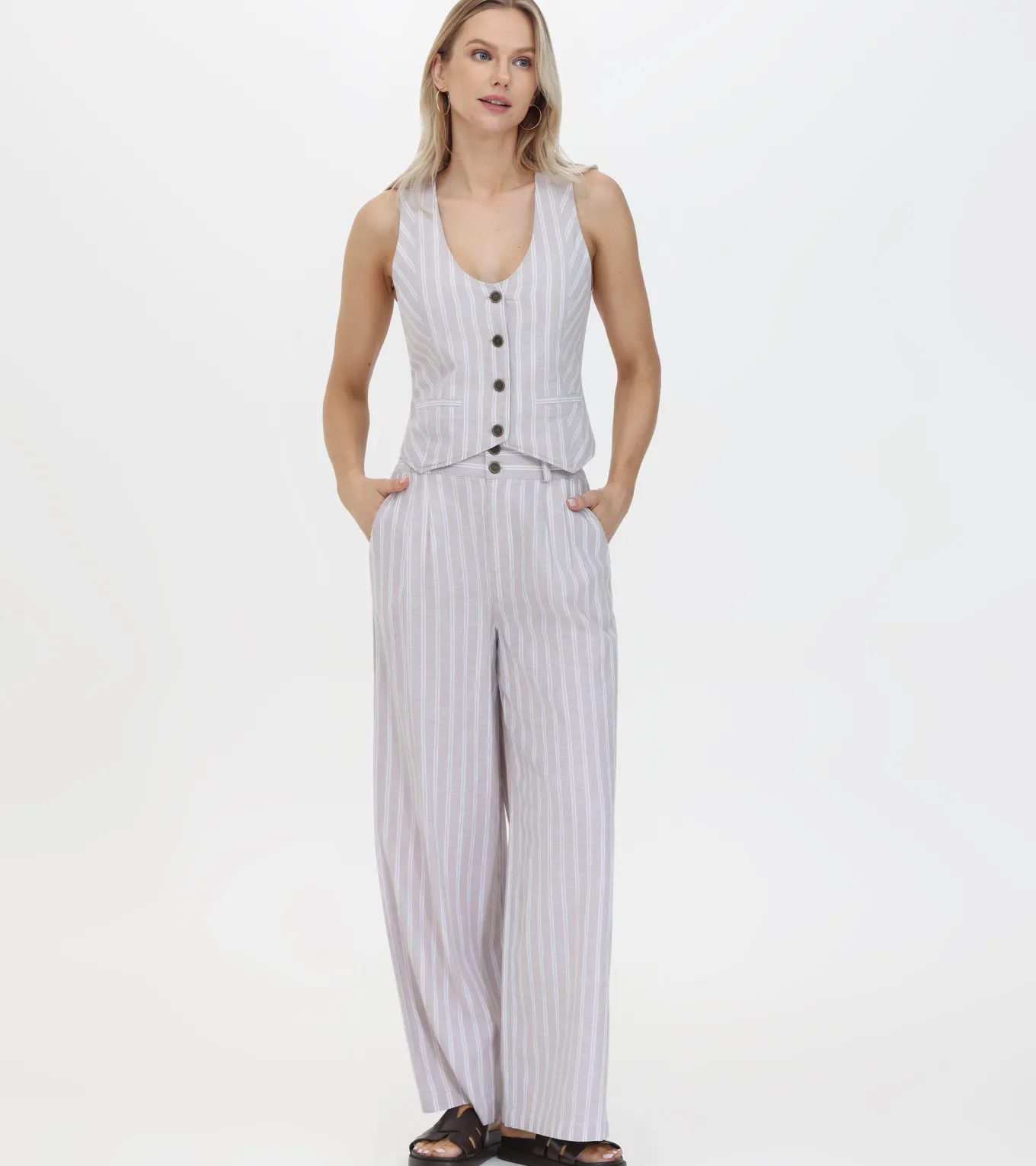 Linen Striped Wide Leg Pant
