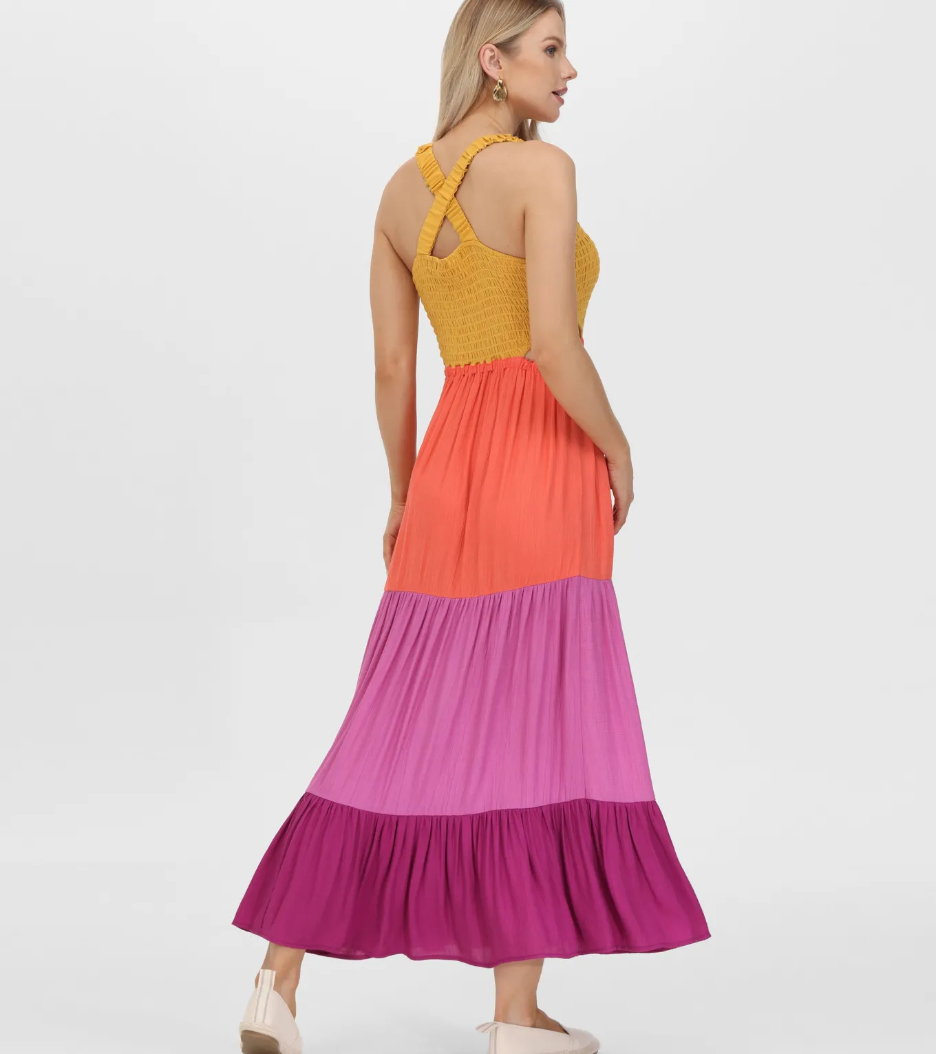 Smocked Color Block Maxi Dress
