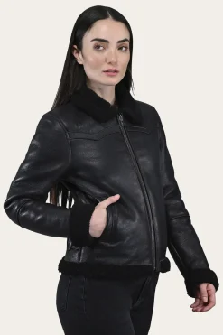 Women's Leather Jacket With Sherling Collar And Cuffs
