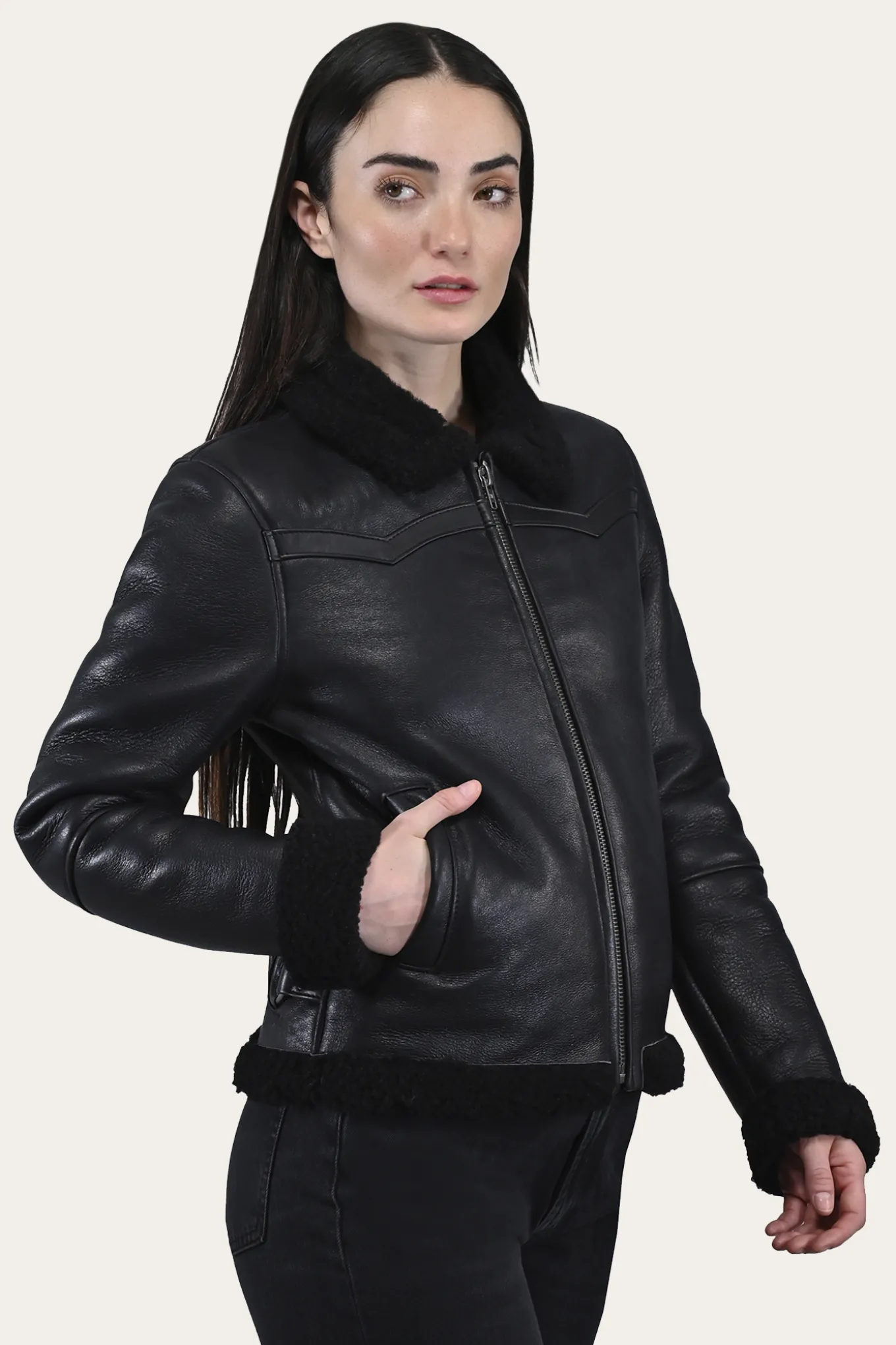Women's Leather Jacket With Sherling Collar And Cuffs